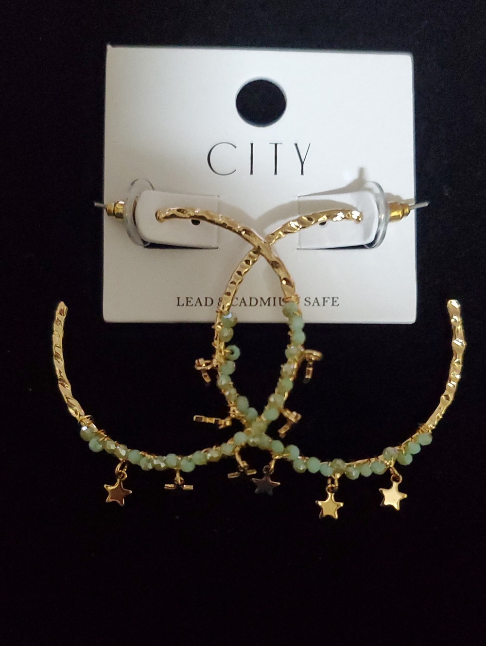 CITY Hoop Earrings with Mint Beads & Star Charm Dangles